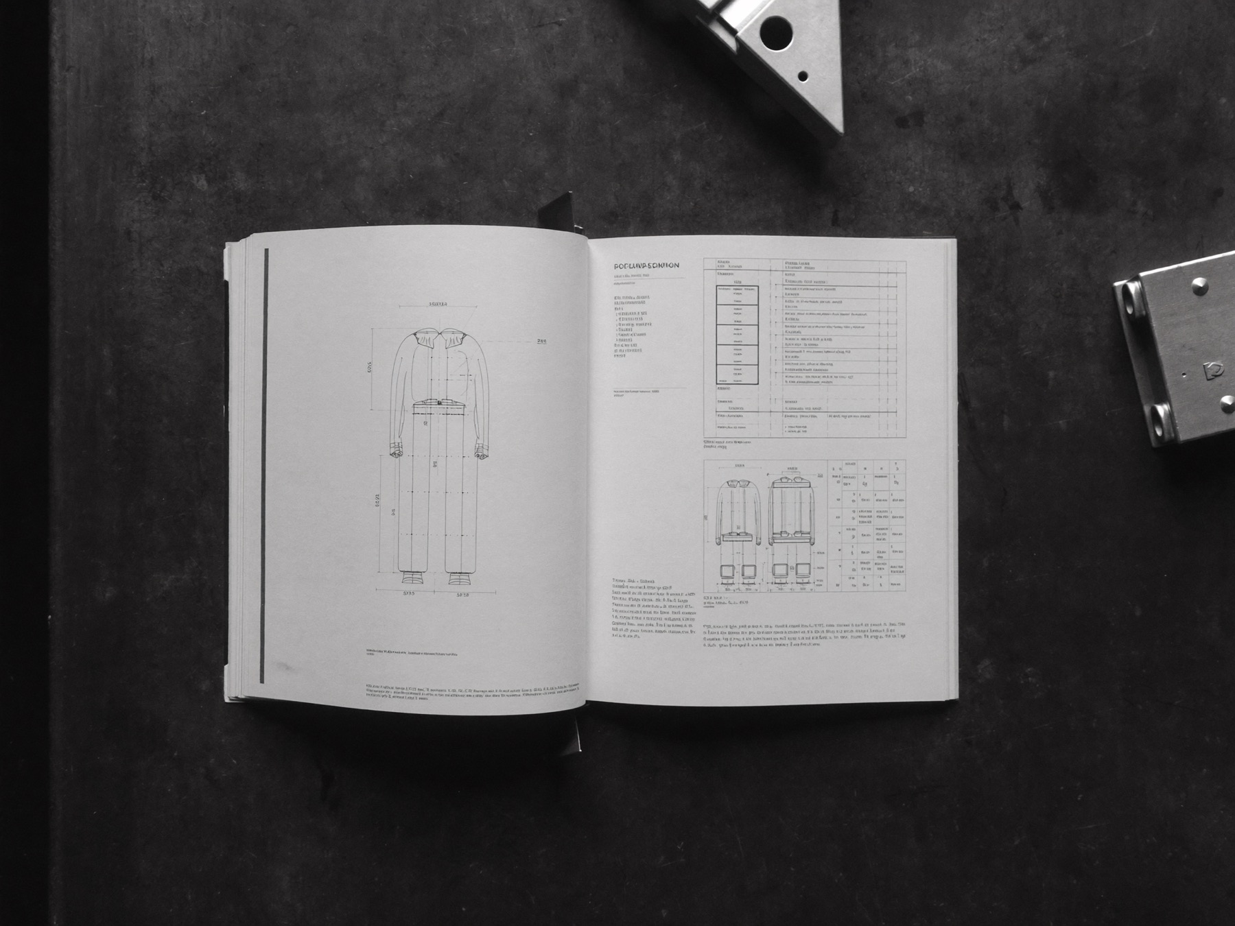 Gedruckter Katalog, aufgeschlagen auf einem Stahltisch