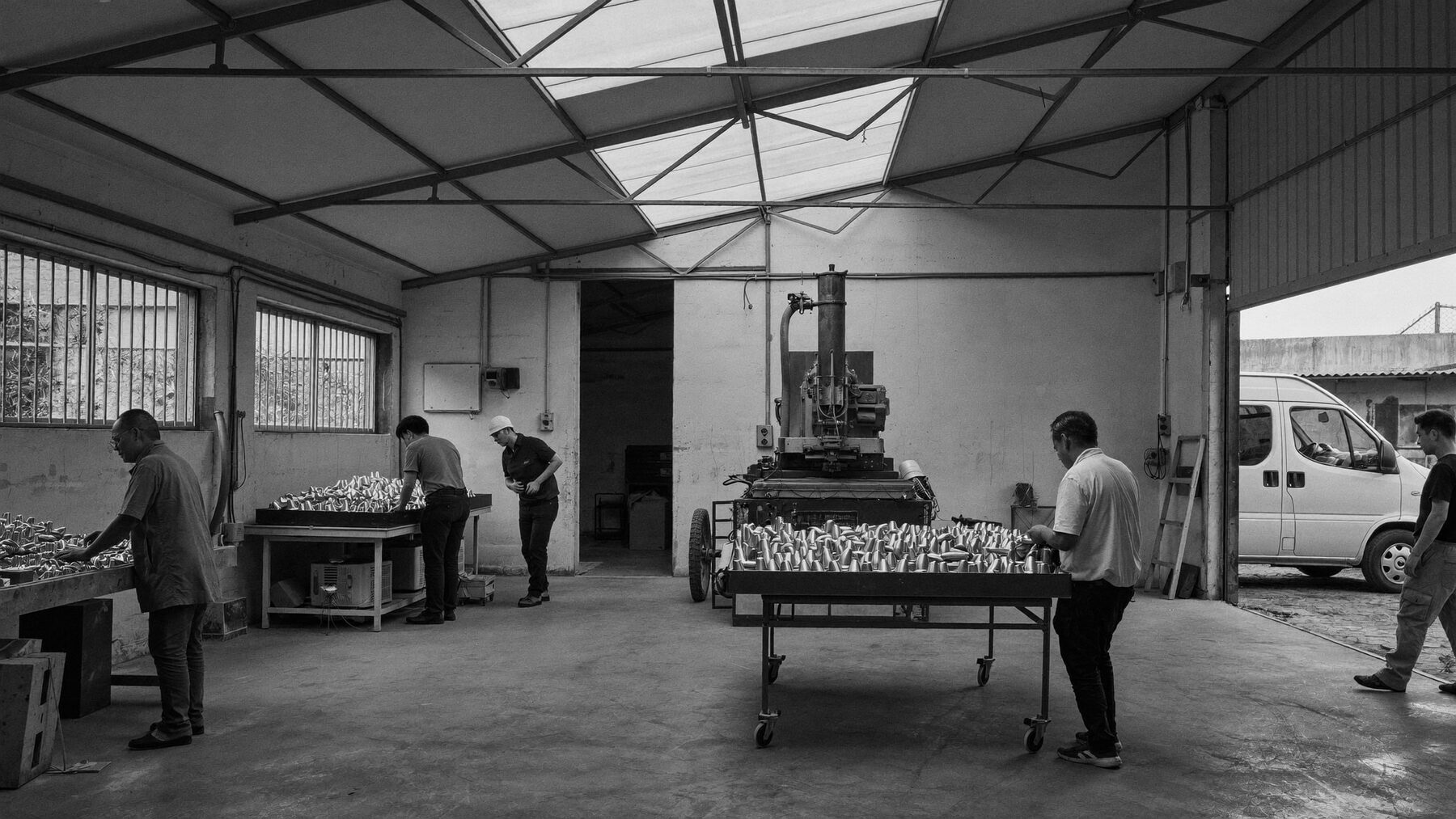Fertigungshalle eines eigentümergeführten Betriebs, wenige Arbeitsplätze an einem Montagetisch